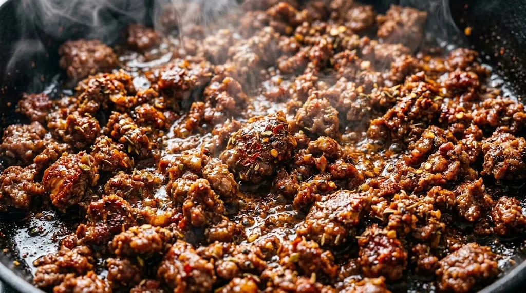 Homemade Taco Seasoning to Boost Flavor Fast Close-up of ground beef with homemade taco seasoning sizzling in skillet
