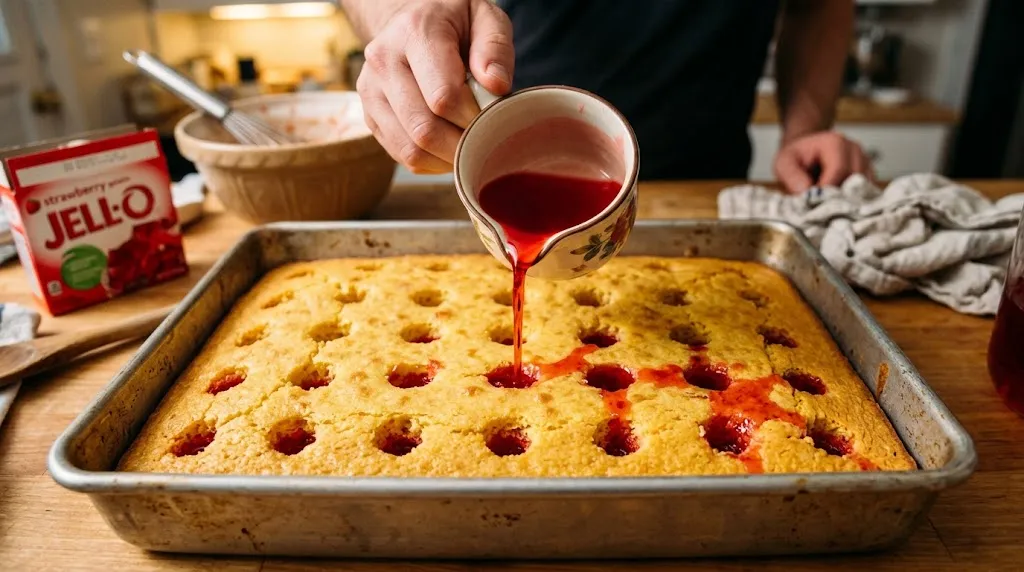 Pouring red gelatin into holes of a cake for jello poke cake preparation.