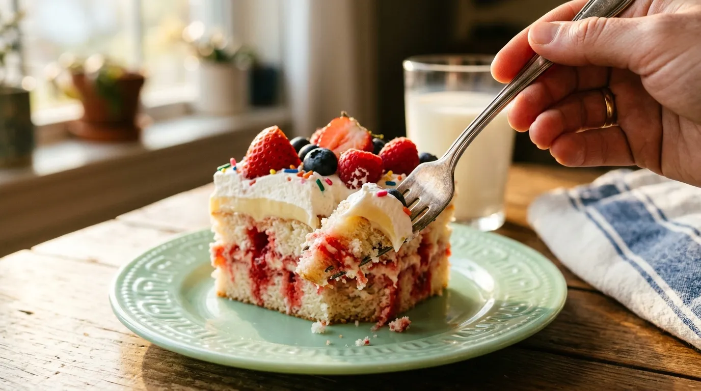 Fork cutting into a slice of jello poke cake on a pastel plate with milk in background.