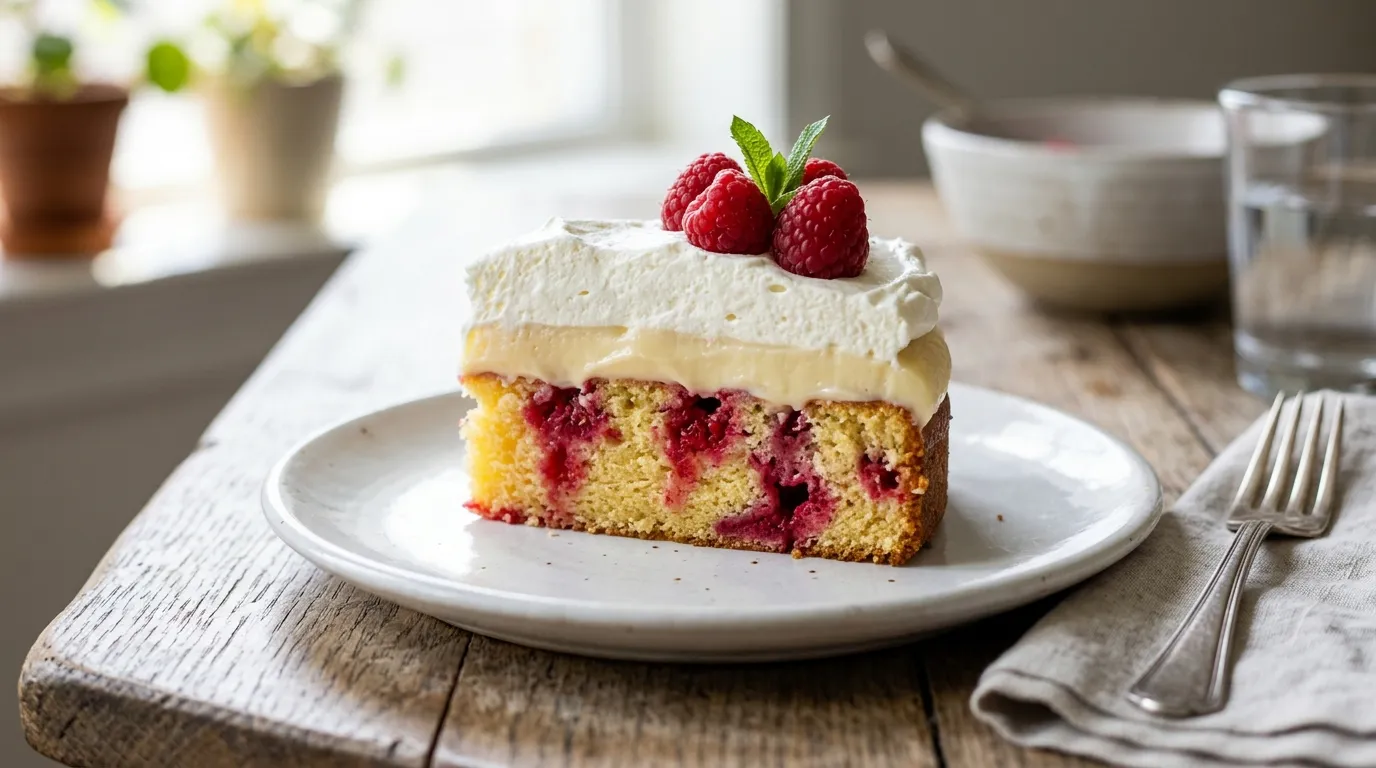 Single slice of jello poke cake on white plate with raspberries and mint, showing layers.