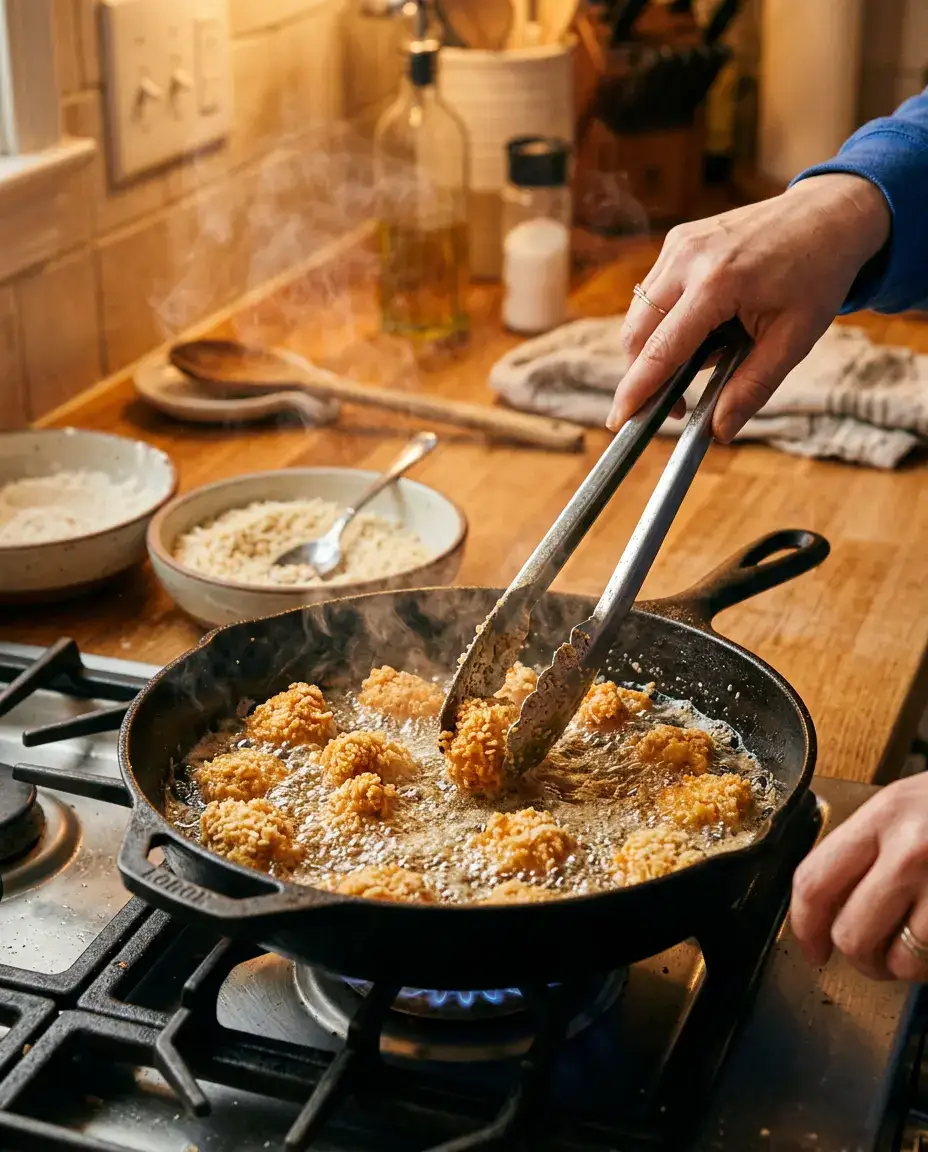 KFC Bowls Made Easy With Cheesy Gravy (Quick) Golden popcorn chicken frying in a skillet for KFC bowls with tongs and breadcrumbs nearby