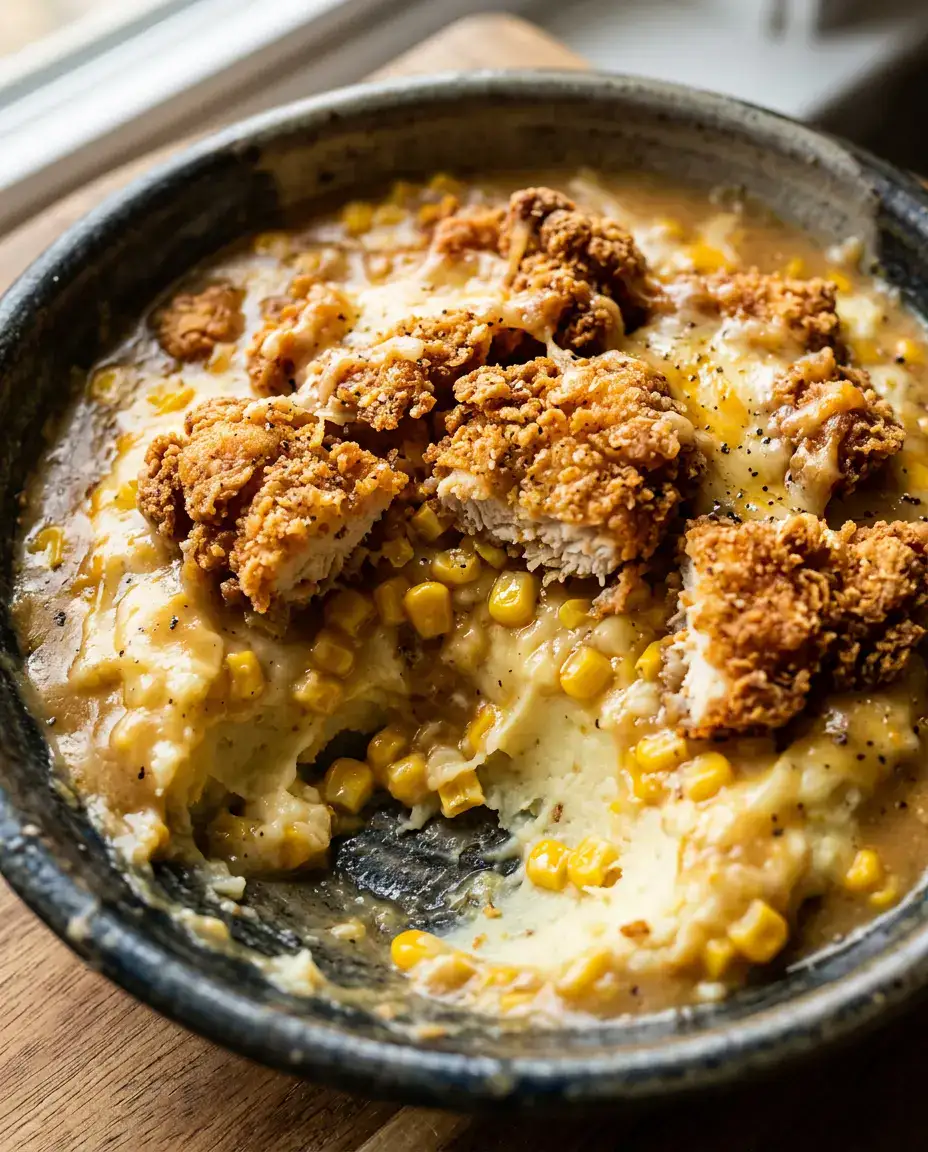 KFC Bowls Made Easy With Cheesy Gravy (Quick) Close-up of a KFC bowl showing mashed potatoes, crispy chicken, corn, and cheesy gravy ready to eat