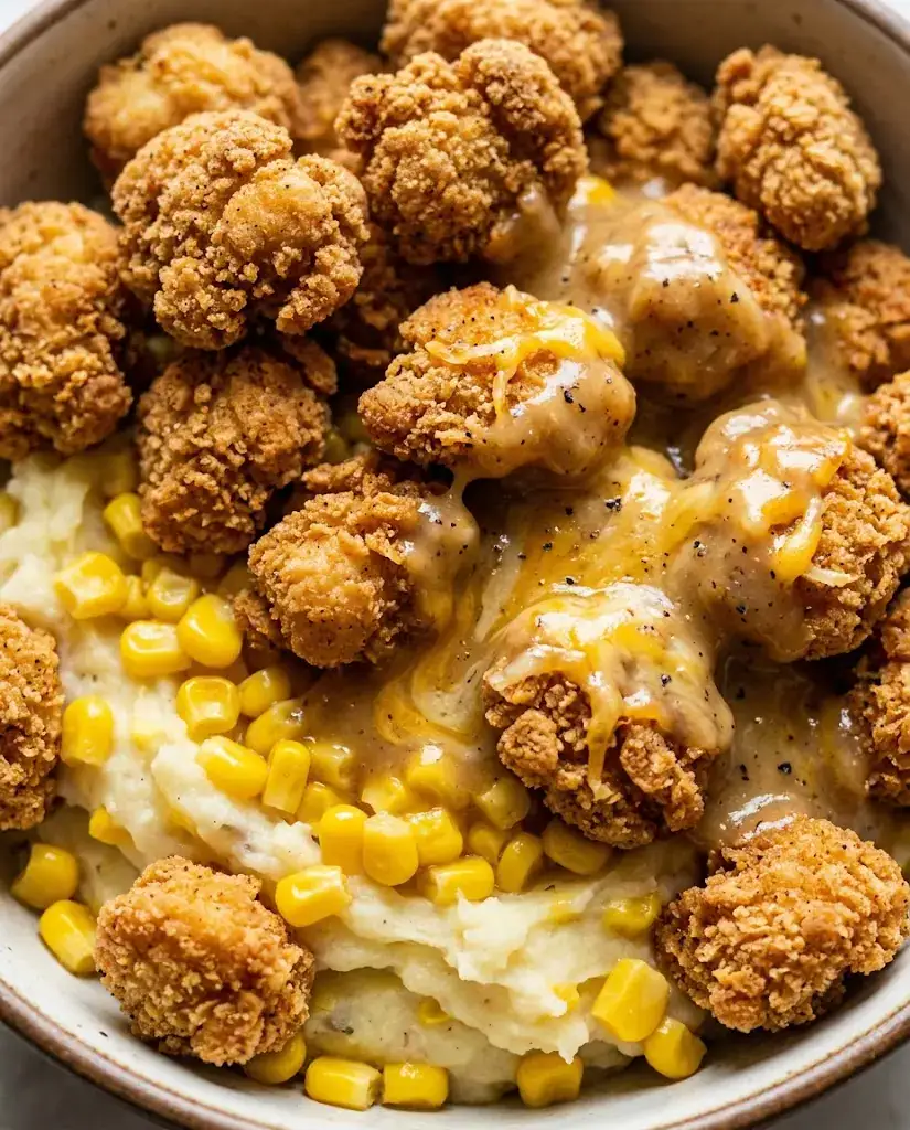 KFC Bowls Made Easy With Cheesy Gravy (Quick) Extreme close-up of a KFC bowl with crispy chicken, mashed potatoes, corn, and cheesy gravy