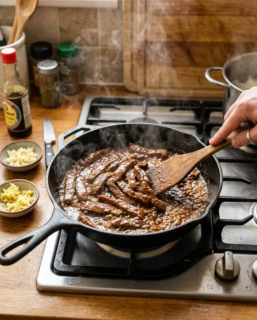 Mongolian Beef Noodles With Savory Soy Garlic Sauce Beef cooking in a skillet for mongolian beef noodles with garlic, ginger, and glossy sauce.