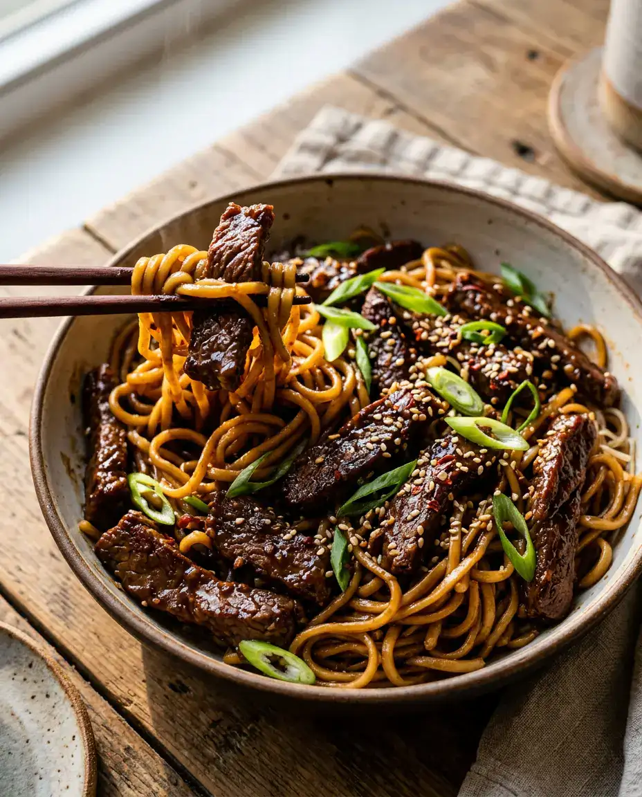 Mongolian Beef Noodles With Savory Soy Garlic Sauce Lifted mongolian beef noodles with tender beef, glossy sauce, sesame seeds, and green onions.