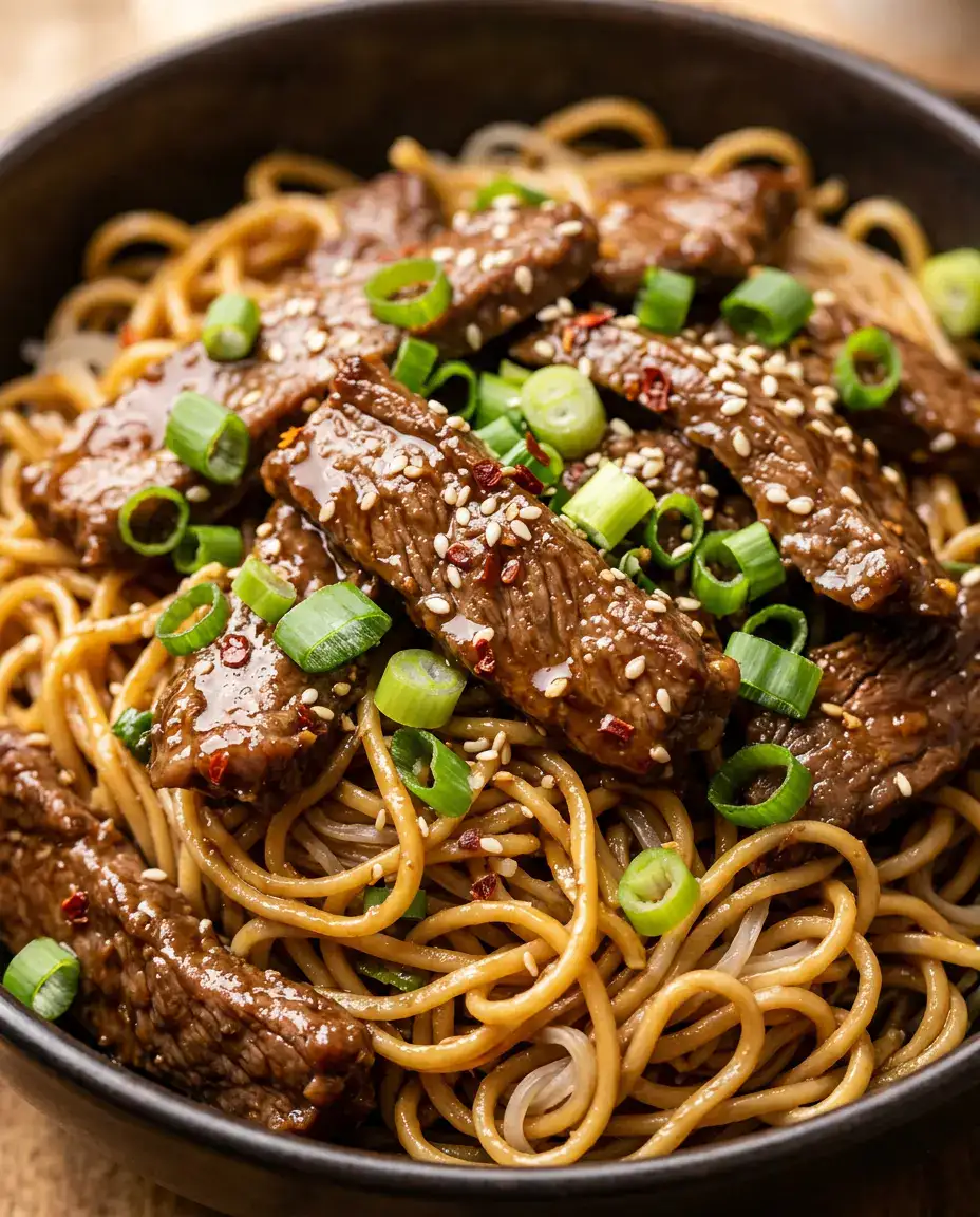 Mongolian Beef Noodles With Savory Soy Garlic Sauce Close-up of mongolian beef noodles with glossy beef, egg noodles, sesame seeds, and green onions.