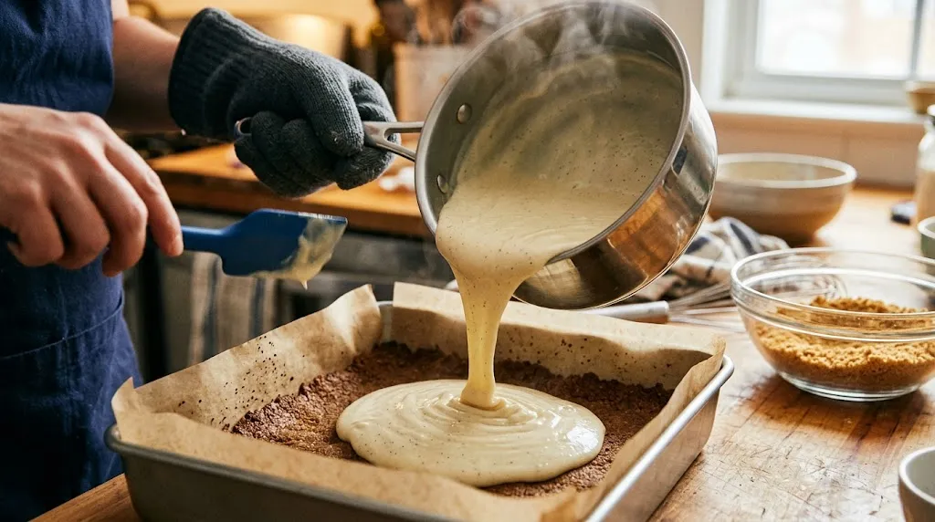 Hand pouring vanilla custard onto graham crust for no bake boston cream pie bars.