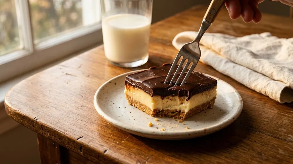 Fork lifting no bake boston cream pie bar with a bite showing custard and crust.