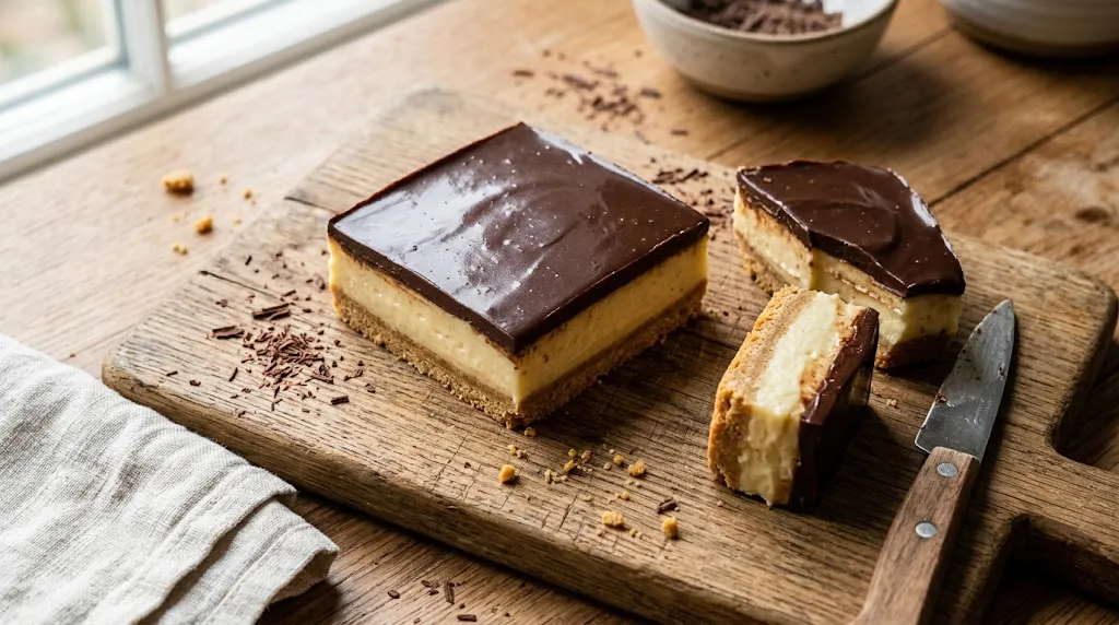 No bake boston cream pie bar on a cutting board showing graham crust, vanilla custard, and chocolate ganache layers.