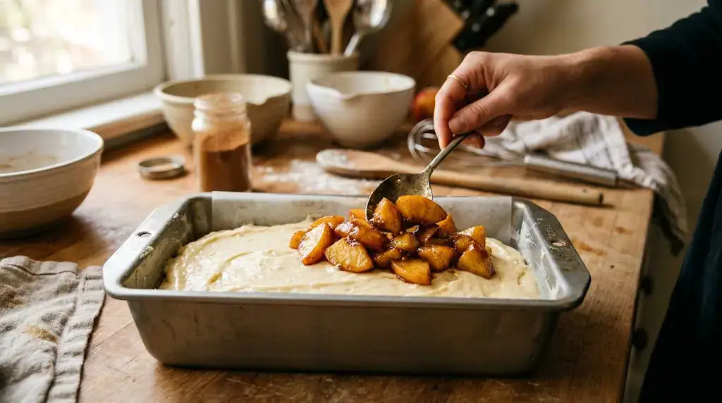 Peach Cobbler Pound Cake With Sweet Fruity Layers Loaf pan with peach cobbler pound cake batter and spoon adding brown sugar peaches