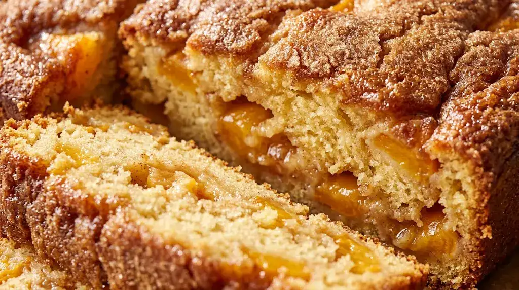Peach Cobbler Pound Cake With Sweet Fruity Layers Close-up of peach cobbler pound cake slice showing tender crumb and caramelized peach pockets