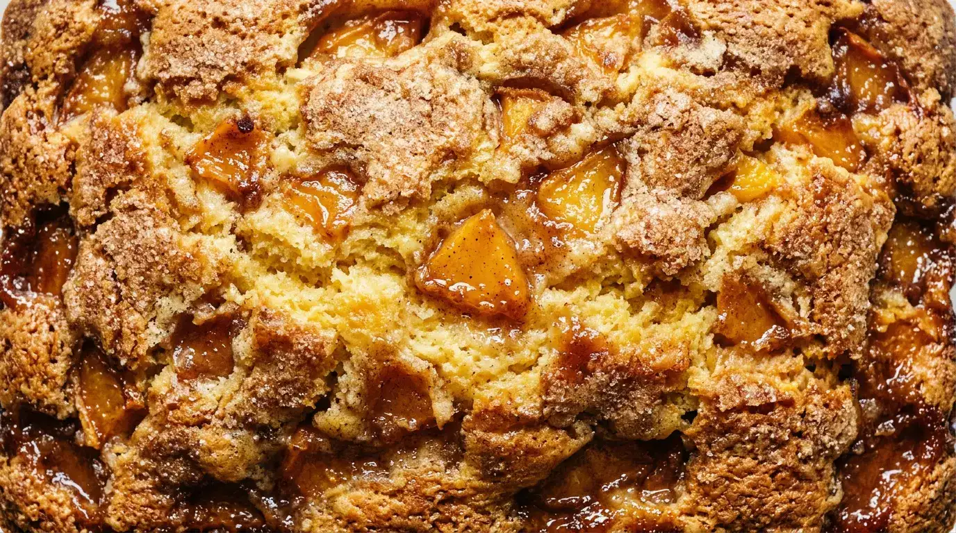 Peach Cobbler Pound Cake With Sweet Fruity Layers Extreme close-up of peach cobbler pound cake with golden edges and caramelized peach chunks