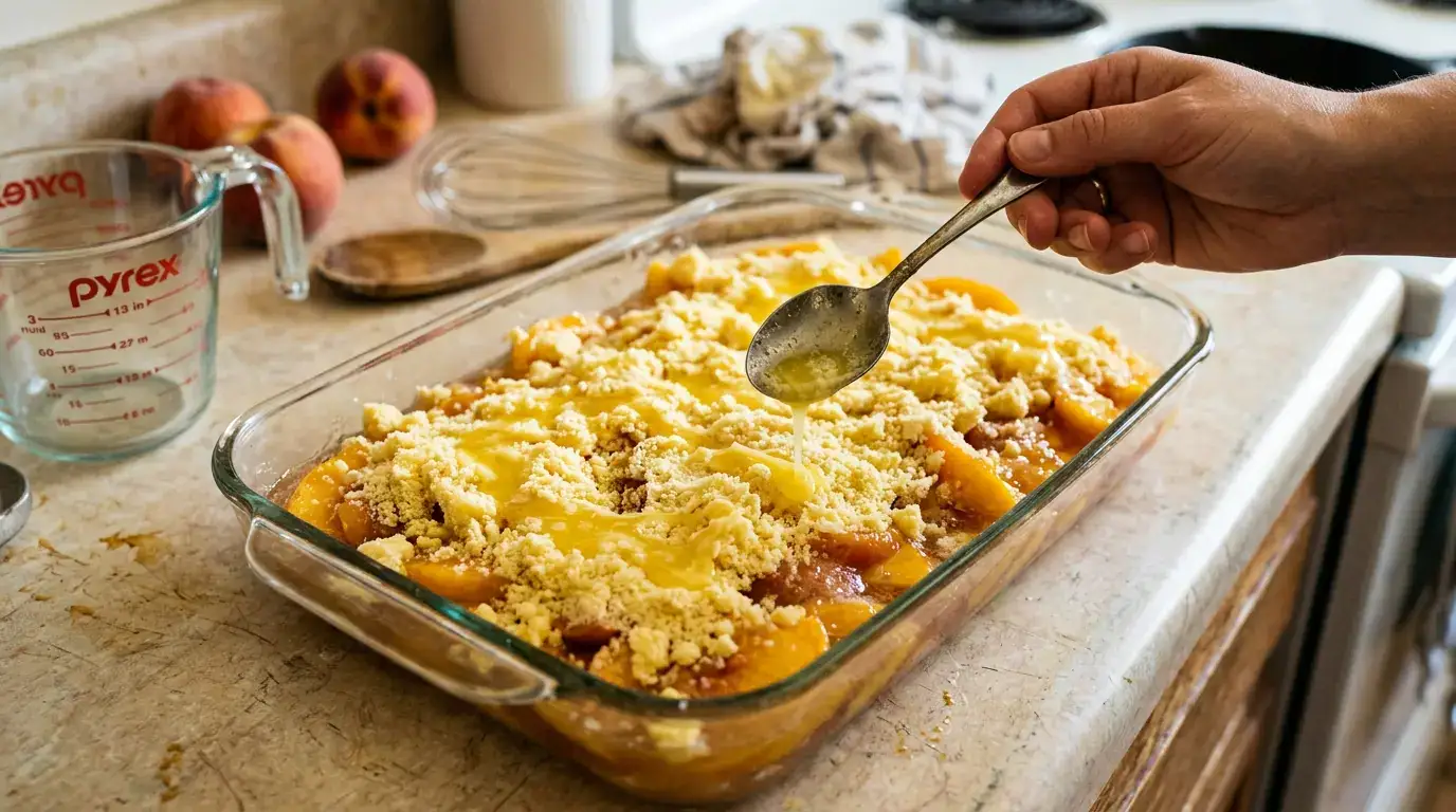 Process shot of peach cobbler with cake mix being prepared with peaches and butter