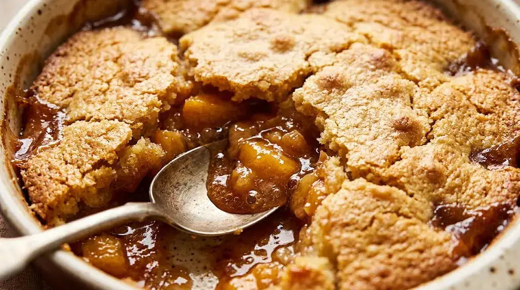 Close-up of ready-to-serve peach cobbler with cake mix showing bubbling peaches and golden top