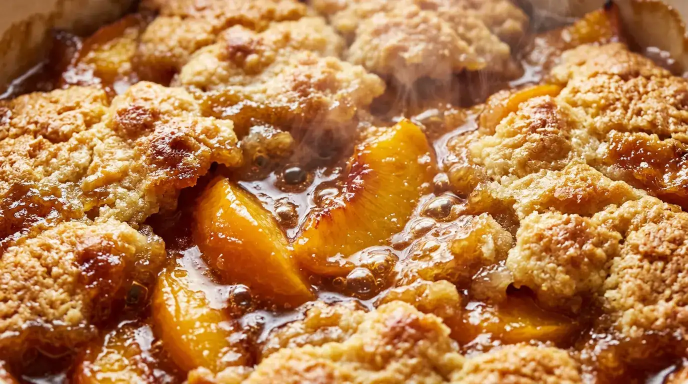 Close-up of peach cobbler with cake mix showing golden topping and juicy peaches