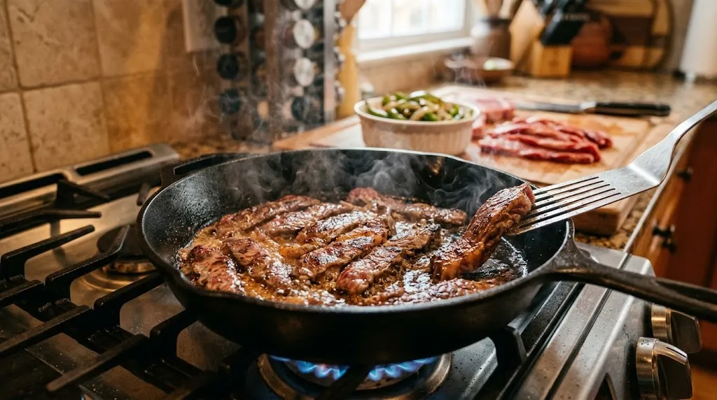 Sizzling ribeye strips in cast-iron skillet for Philly steak pizza, steam rising.