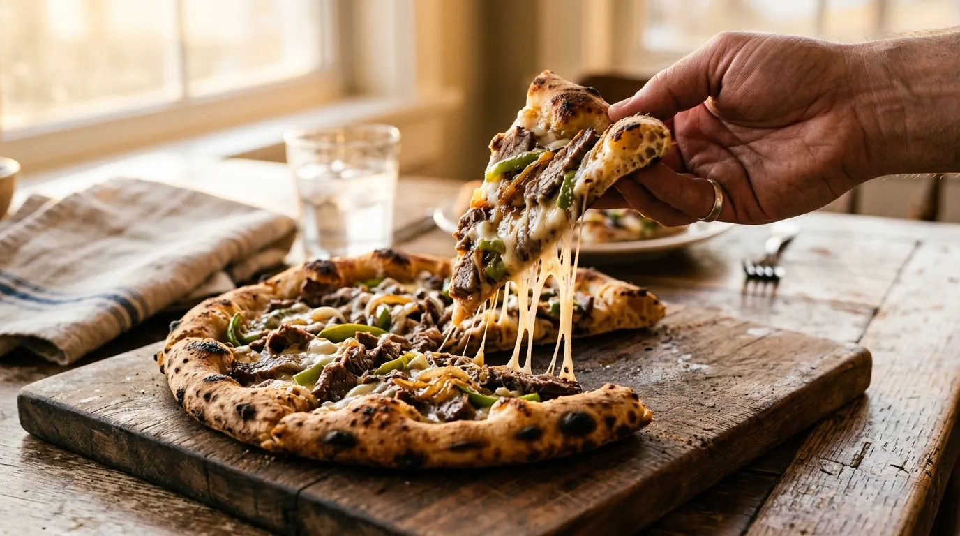 Hand lifting a Philly steak pizza slice with cheese pull, on wooden board.