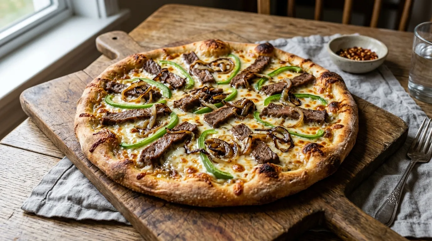 Whole Philly steak pizza on wooden board with steak, peppers, onions, and melted cheese.