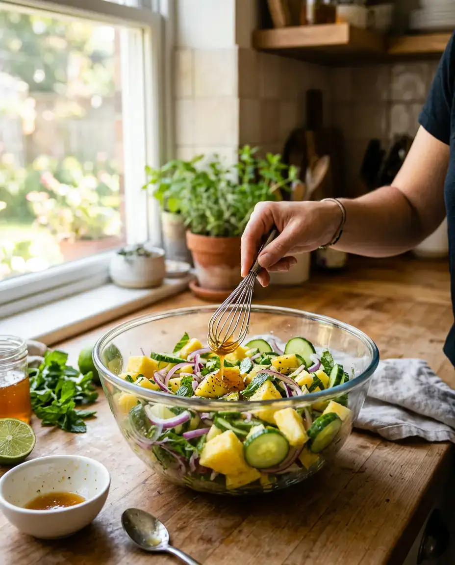 Pineapple cucumber salad in glass bowl being mixed with lime-honey dressing