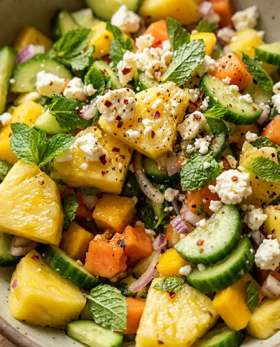 Close-up of served pineapple cucumber salad with pineapple, cucumber, mint, and feta