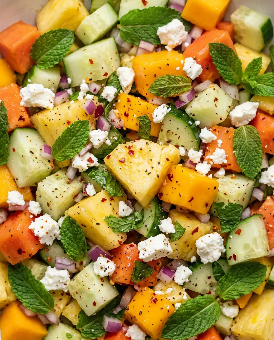 Close-up of pineapple cucumber salad with mint, feta, cucumber, and pineapple chunks
