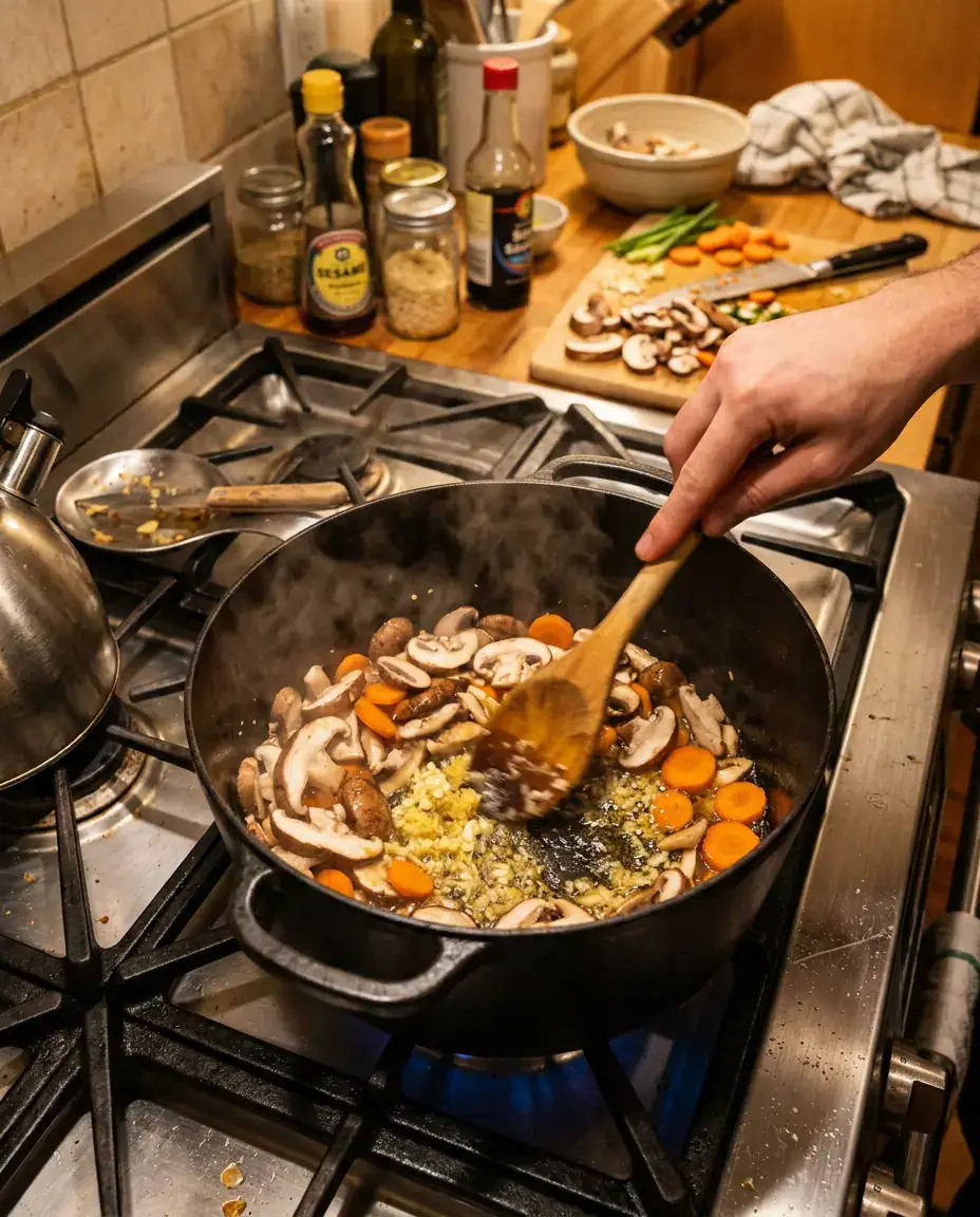 Potsticker Soup with Savory Broth — Quick & Easy Large pot on stovetop with sesame oil, garlic, ginger, and vegetables sizzling for potsticker soup.
