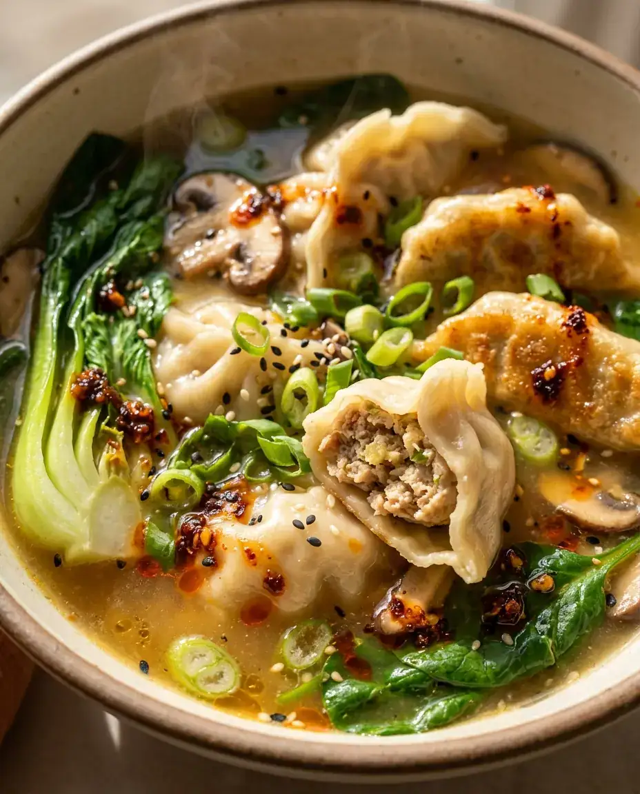 Potsticker Soup with Savory Broth — Quick & Easy Close-up of potsticker soup with dumplings, bok choy, carrots, and sesame-ginger broth, ready to serve.
