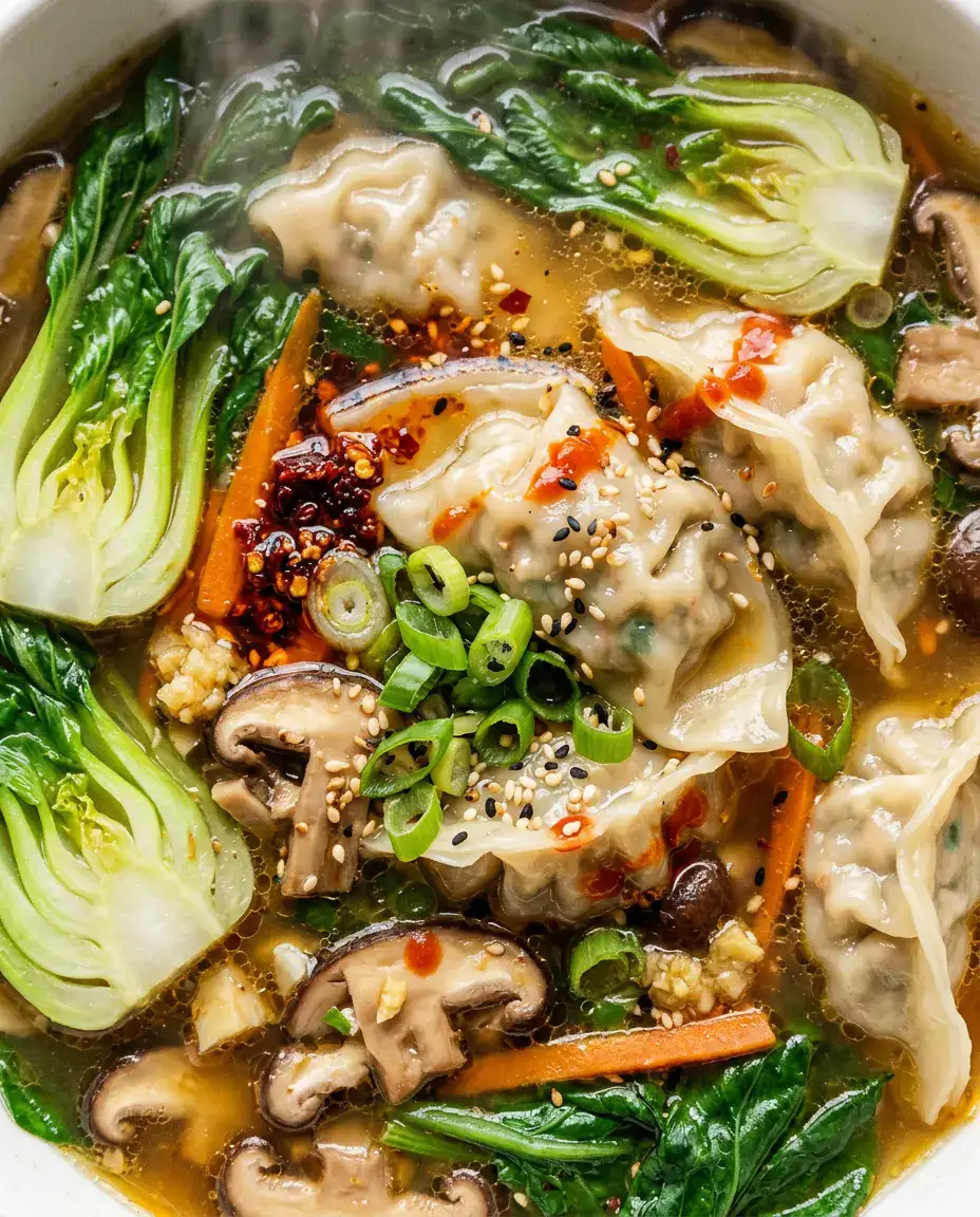 Potsticker Soup with Savory Broth — Quick & Easy Close-up of steaming potsticker soup with dumplings, bok choy, carrots, and sesame-ginger broth.