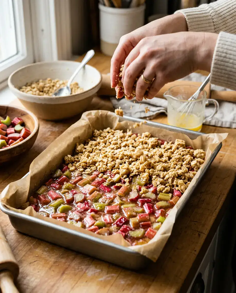 Hands sprinkling oat crumble over glossy rhubarb filling for homemade rhubarb bars