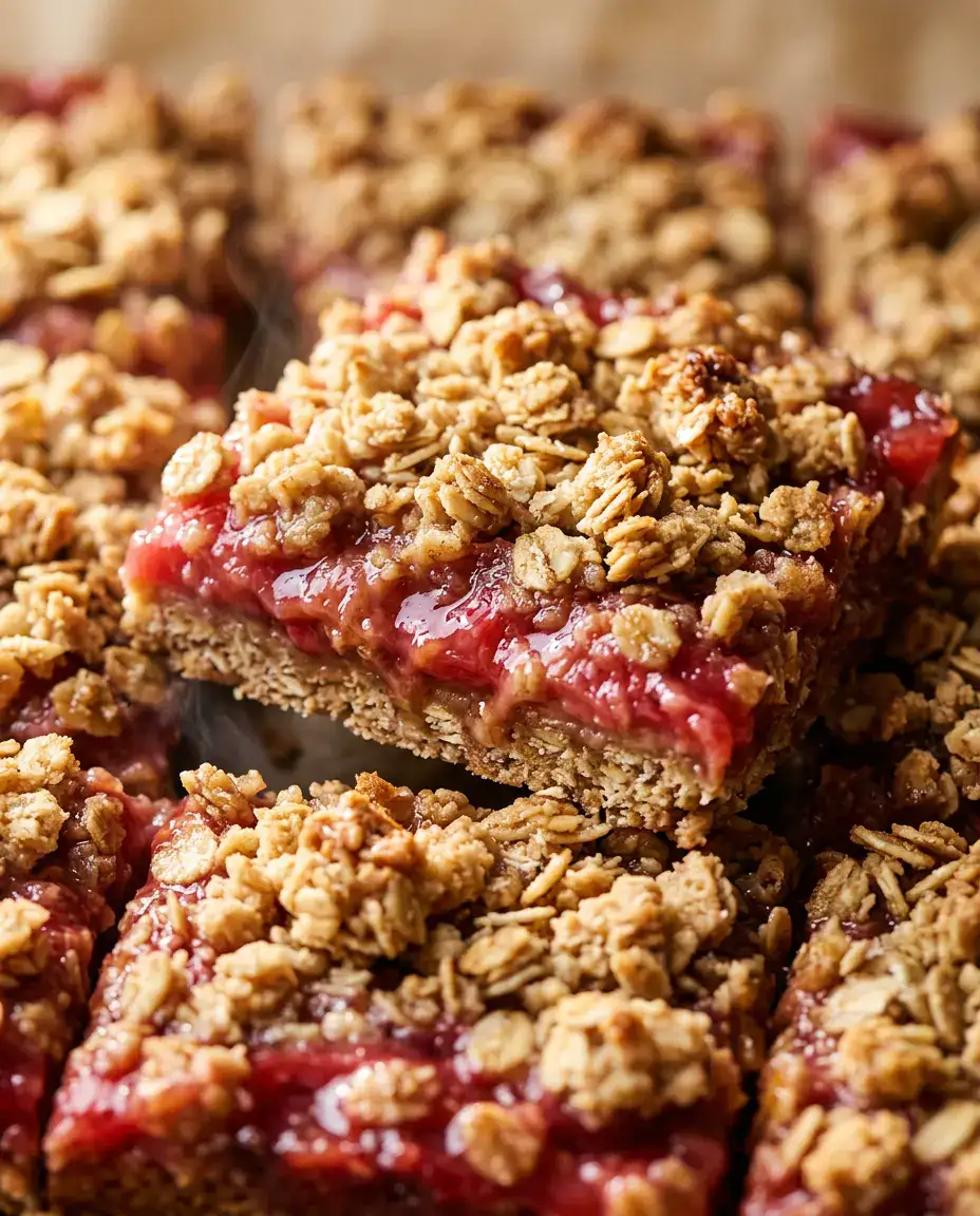 Warm rhubarb bars with crisp oat topping and gooey pink-red rhubarb filling exposed