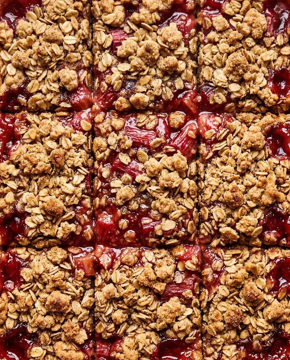 Rhubarb Bars With Buttery Oat Crumble Topping Close-up of buttery rhubarb bars with golden oat crumble and glossy ruby-red rhubarb filling