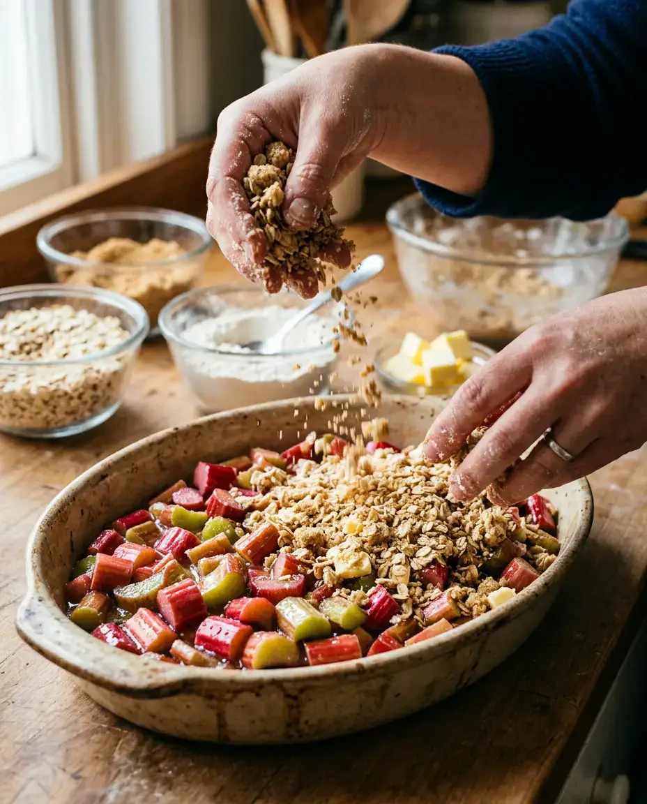 Hands adding oat crumble topping to chopped rhubarb for homemade rhubarb crumble