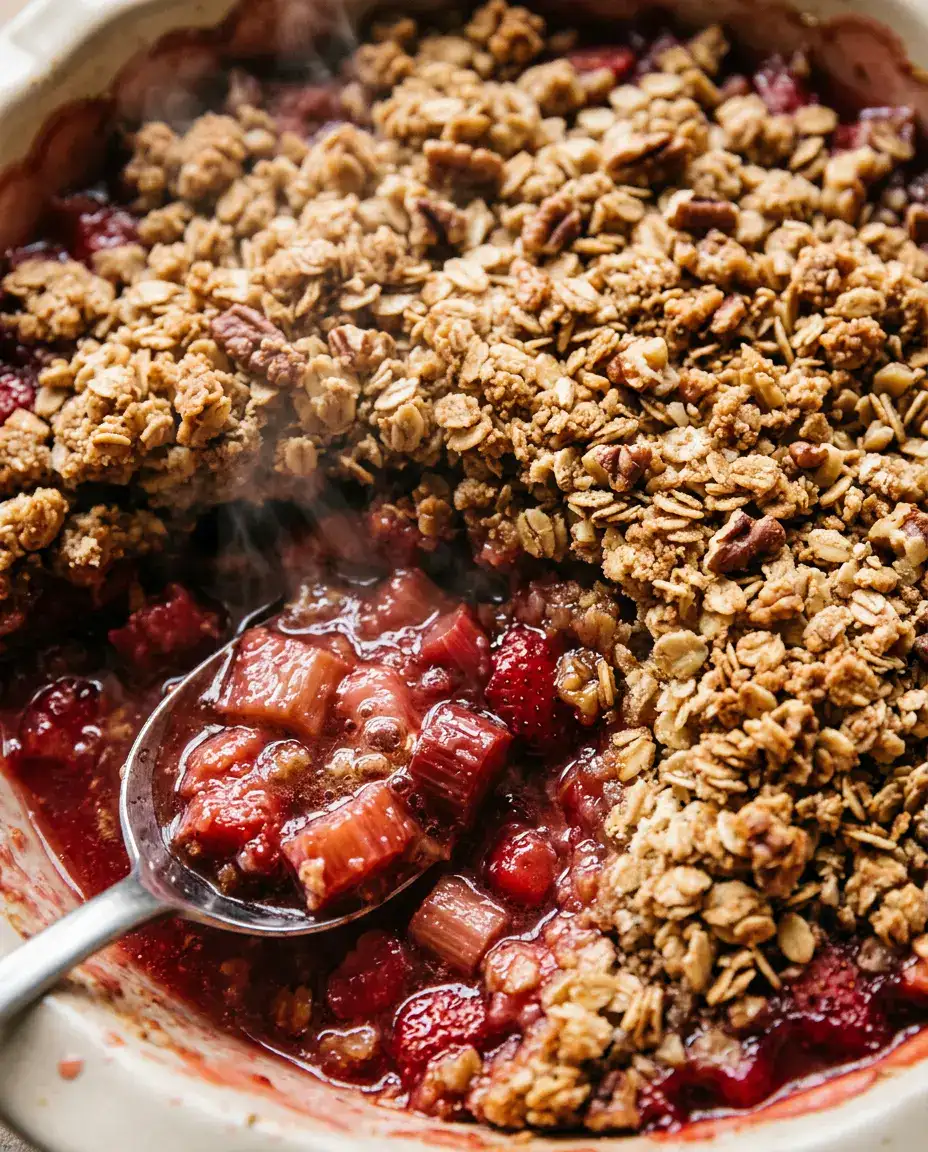 Close-up of rhubarb crumble with a spoonful removed, showing jammy filling and crisp oat topping