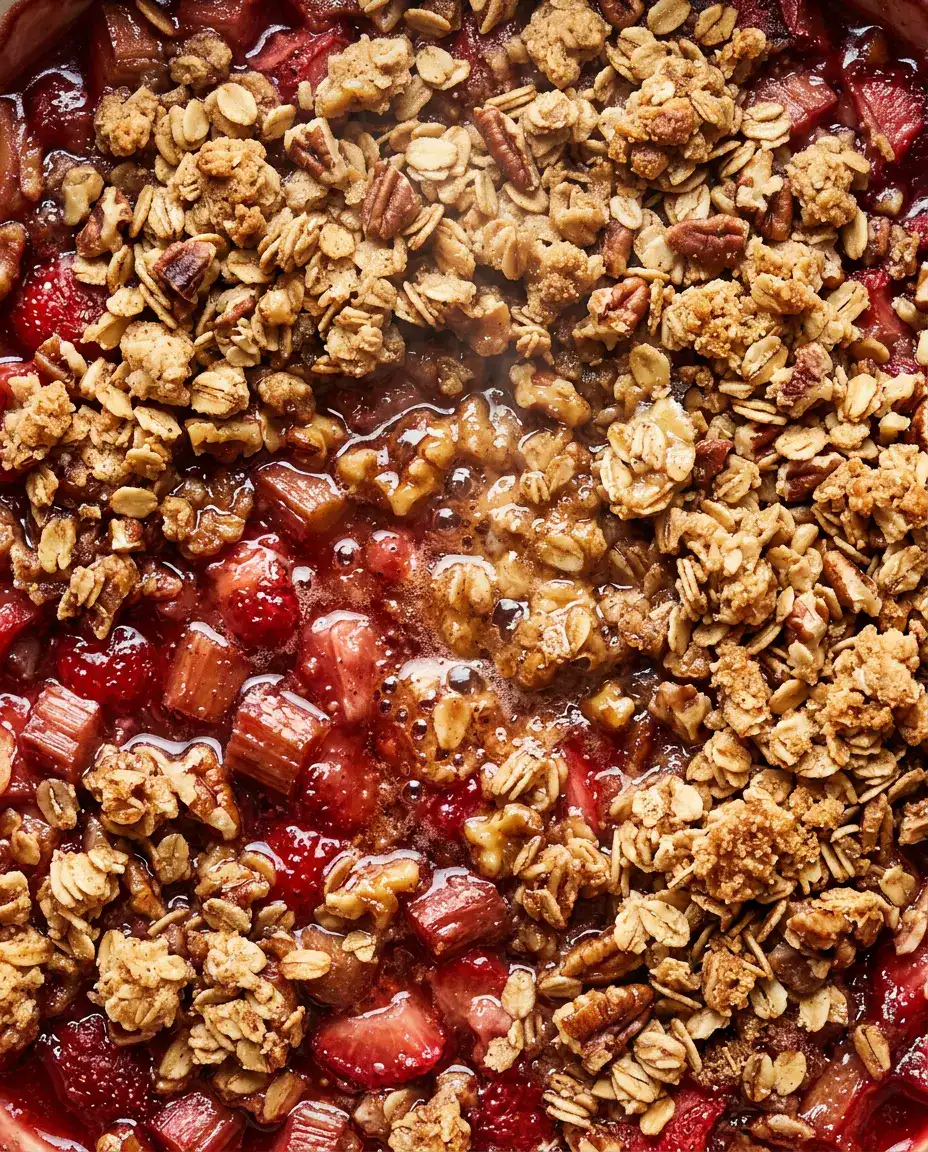 Extreme overhead close-up of warm rhubarb crumble with bubbling ruby filling and golden oat topping