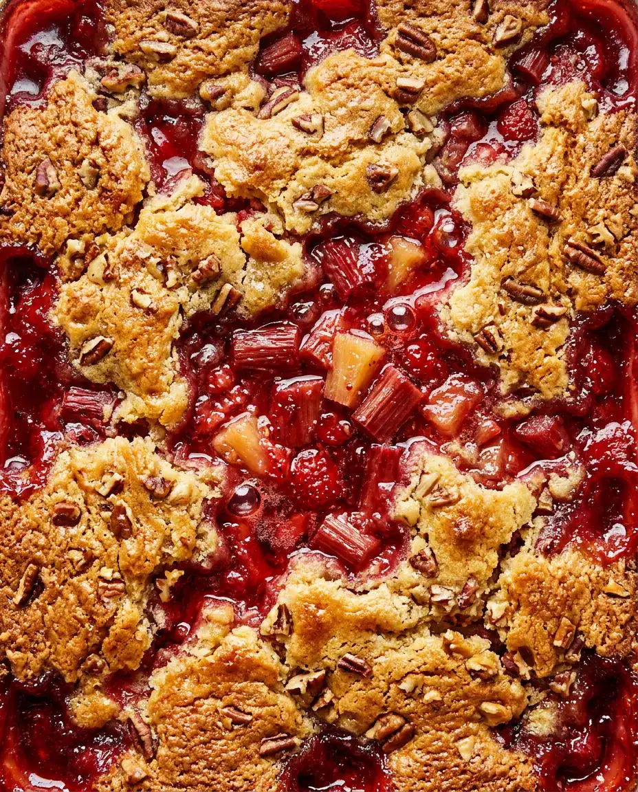 Close-up of rhubarb dump cake with bubbling fruit filling and crisp golden buttery topping