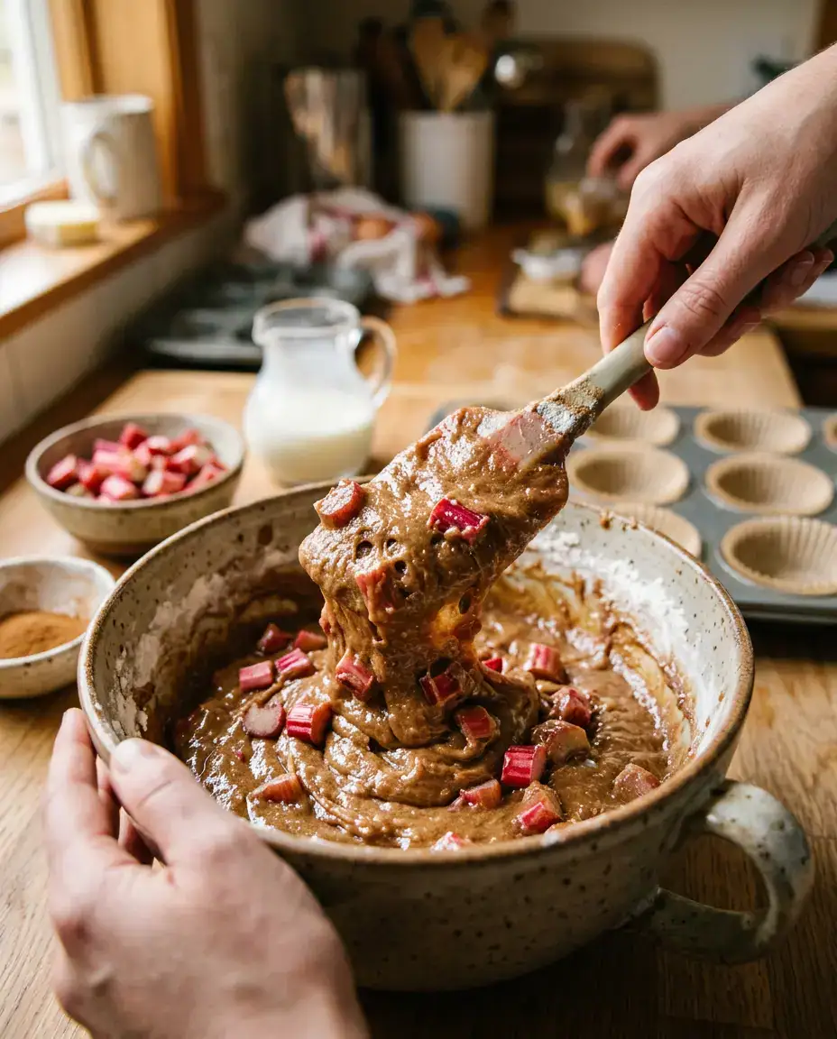 Rhubarb Muffins With Brown Sugar Streusel Topping Folding chopped rhubarb into thick batter for rhubarb muffins in a mixing bowl with spatula