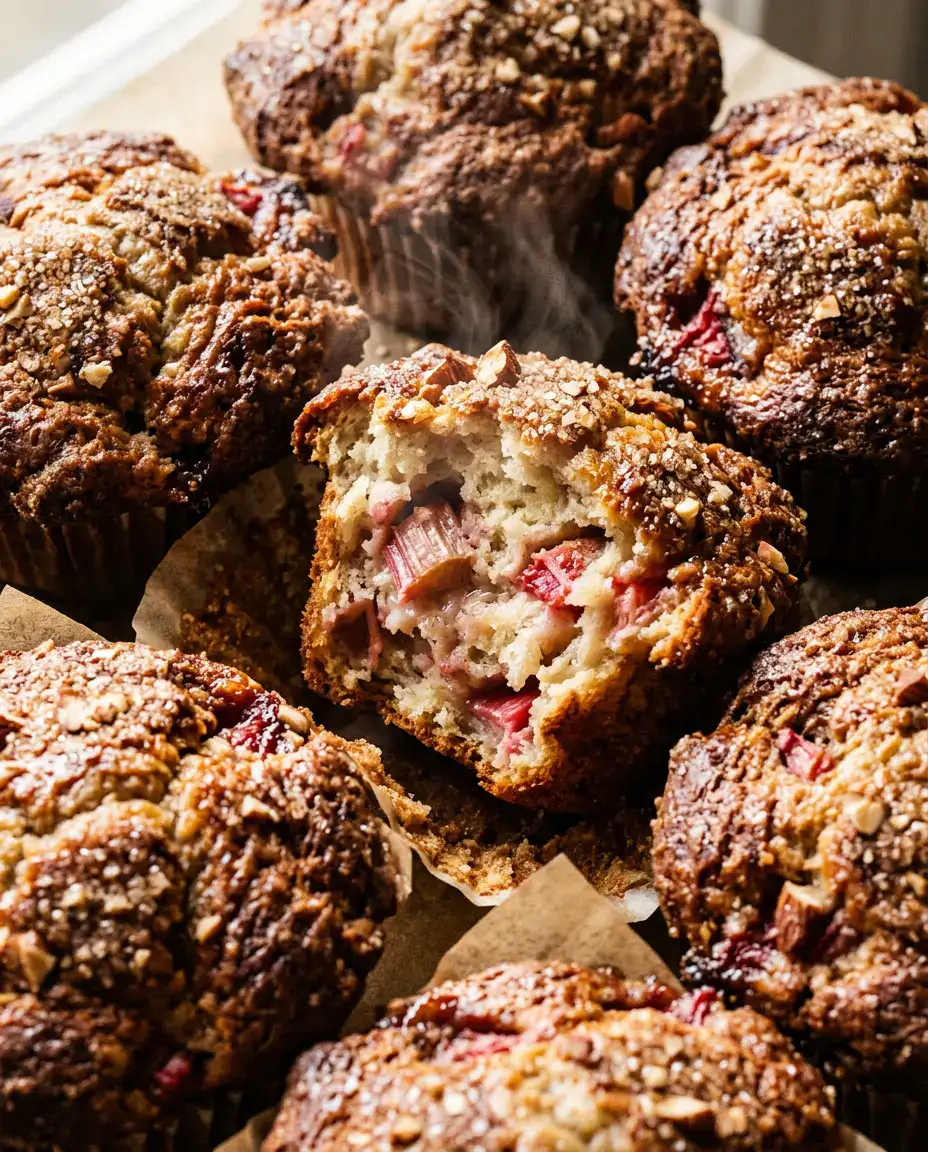 Rhubarb Muffins With Brown Sugar Streusel Topping Rhubarb muffins close-up with one split open showing moist crumb and warm rhubarb filling