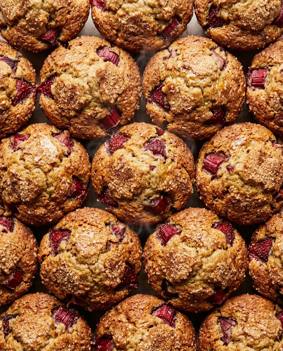Rhubarb Muffins With Brown Sugar Streusel Topping Fresh rhubarb muffins with golden cinnamon sugar tops and visible rhubarb pieces in a tight overhead view
