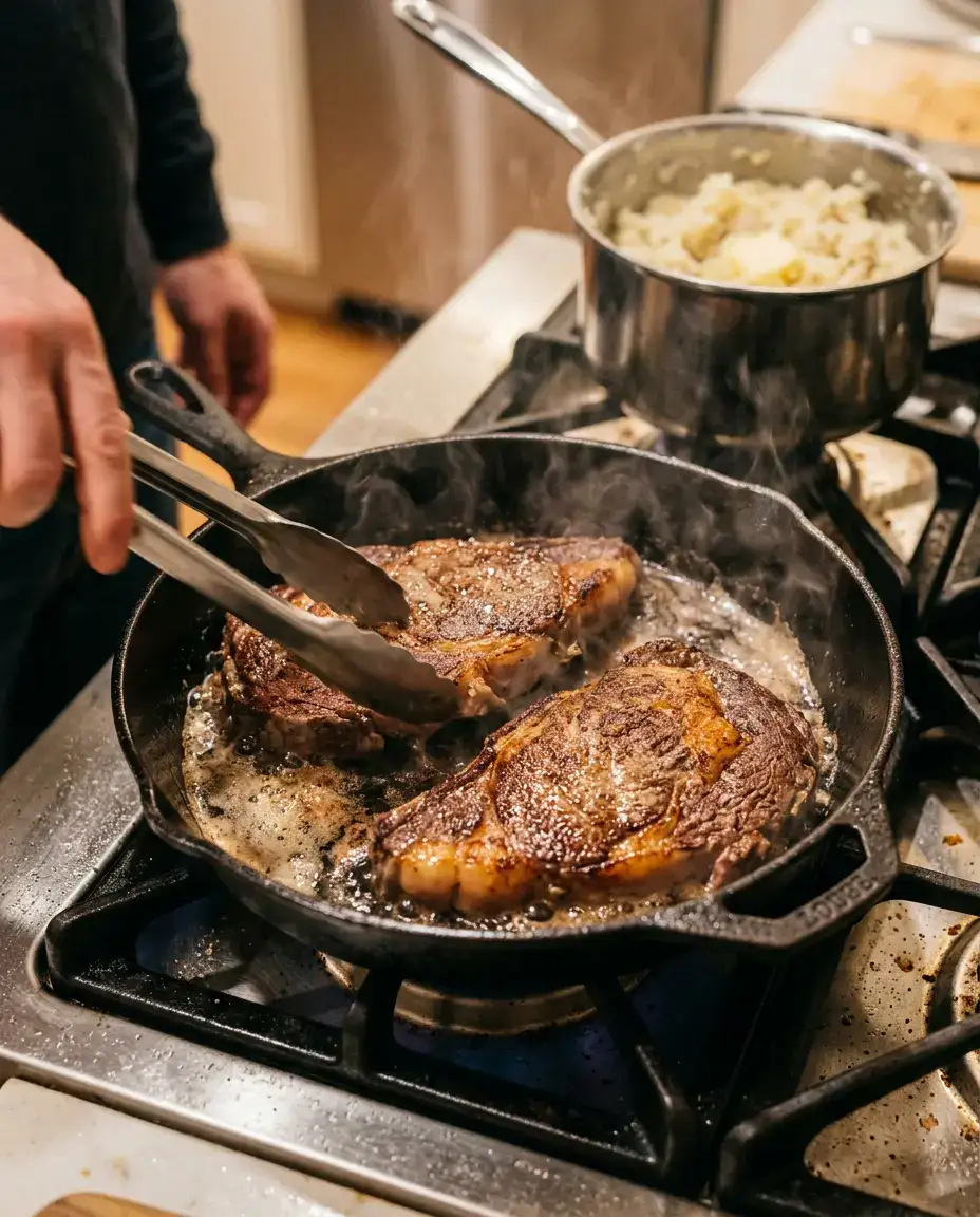 Ribeye steaks searing in a skillet with butter and mashed potatoes cooking in the background
