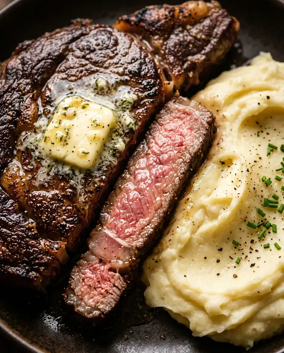 Plated steak and mashed potatoes with sliced ribeye and creamy mashed potatoes ready to eat