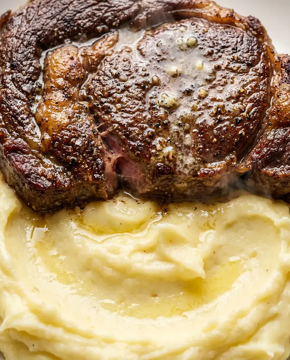 Close-up of steak and mashed potatoes with golden-brown steak and creamy mashed potatoes