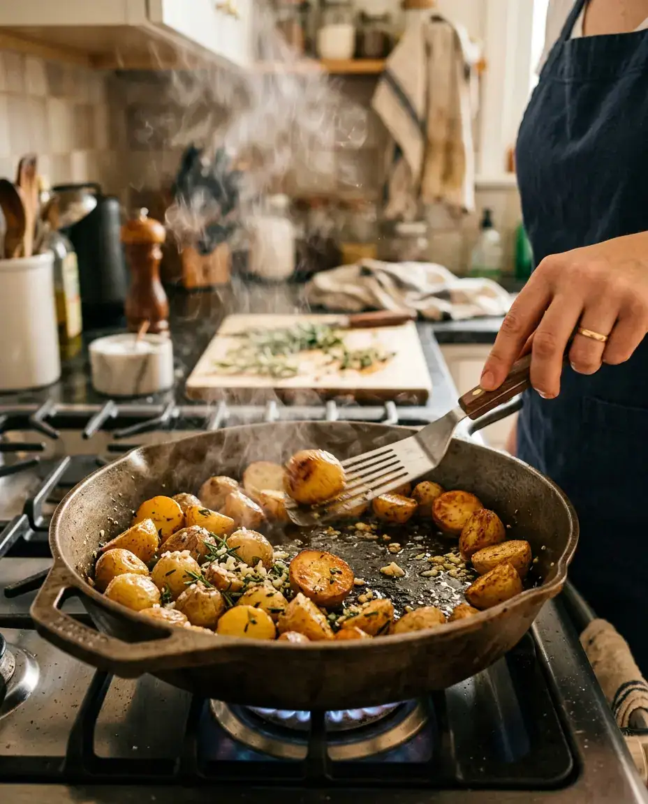 Hand flipping golden baby potatoes in skillet with steak and herbs cooking