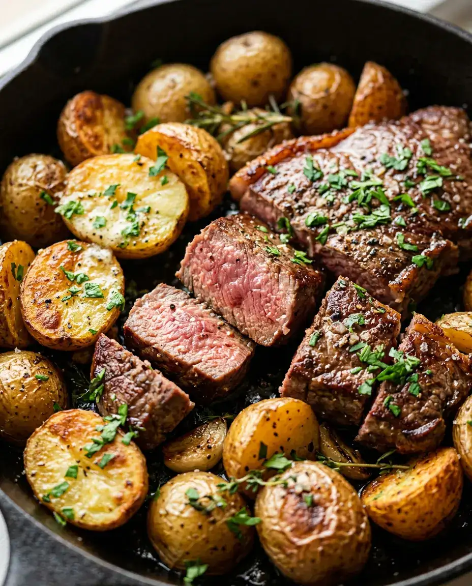 Skillet of steak and golden potatoes with garlic butter and parsley ready to serve