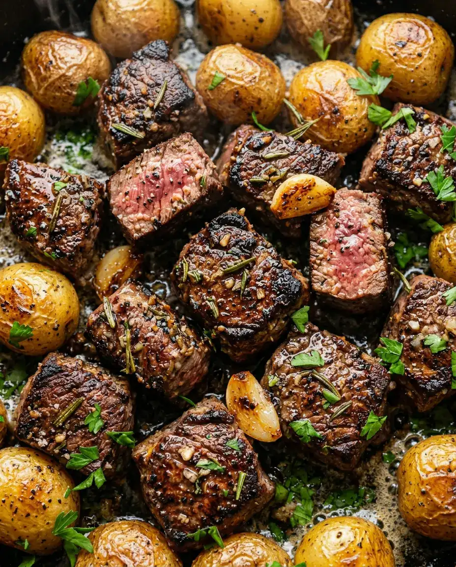 Extreme close-up of seared steak and golden potatoes in skillet with garlic butter and herbs