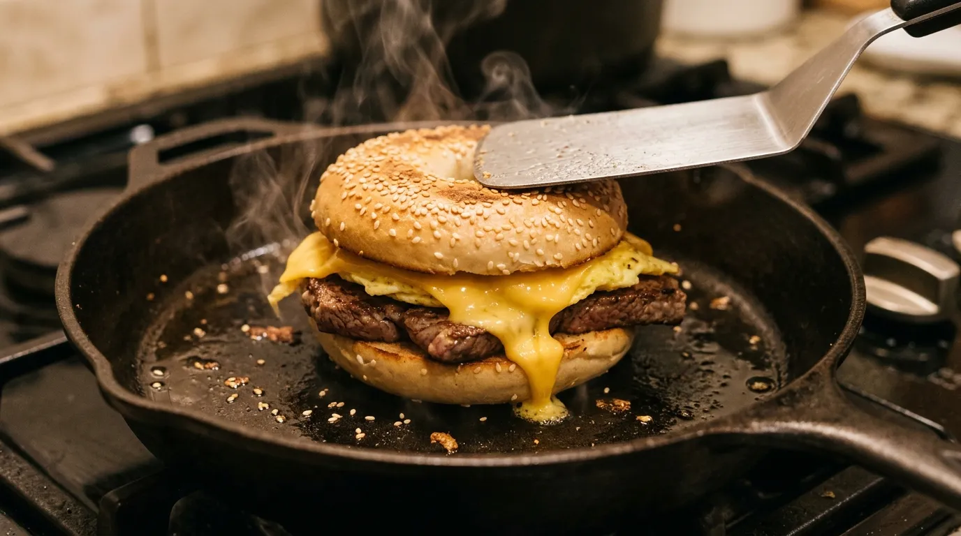 Close-up of steak egg and cheese bagel being pressed in skillet with melting cheese and steam.