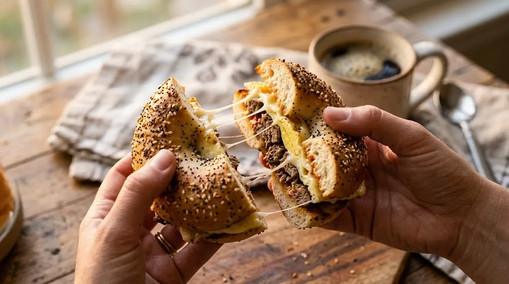 Hands holding a steak egg and cheese bagel with a bite taken, showing cheese stretch.
