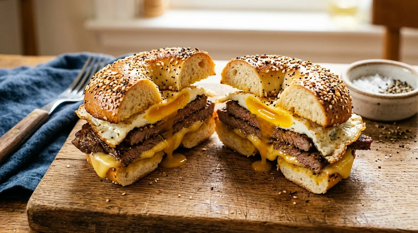 Golden-brown everything bagel sandwich with steak, egg, cheese, halved on wooden board.