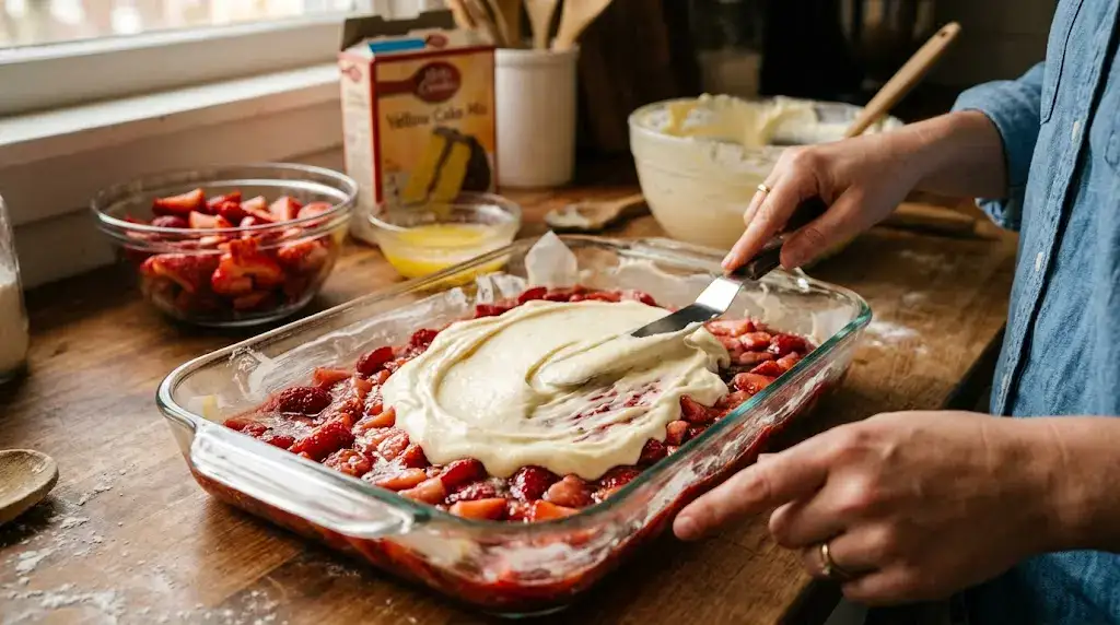 Strawberry Cheesecake Dump Cake with Creamy Layers Spreading vanilla cheesecake mixture over strawberries for strawberry cheesecake dump cake