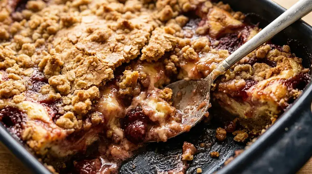 Strawberry Cheesecake Dump Cake with Creamy Layers Close-up of strawberry cheesecake dump cake with cracked topping and visible strawberry filling