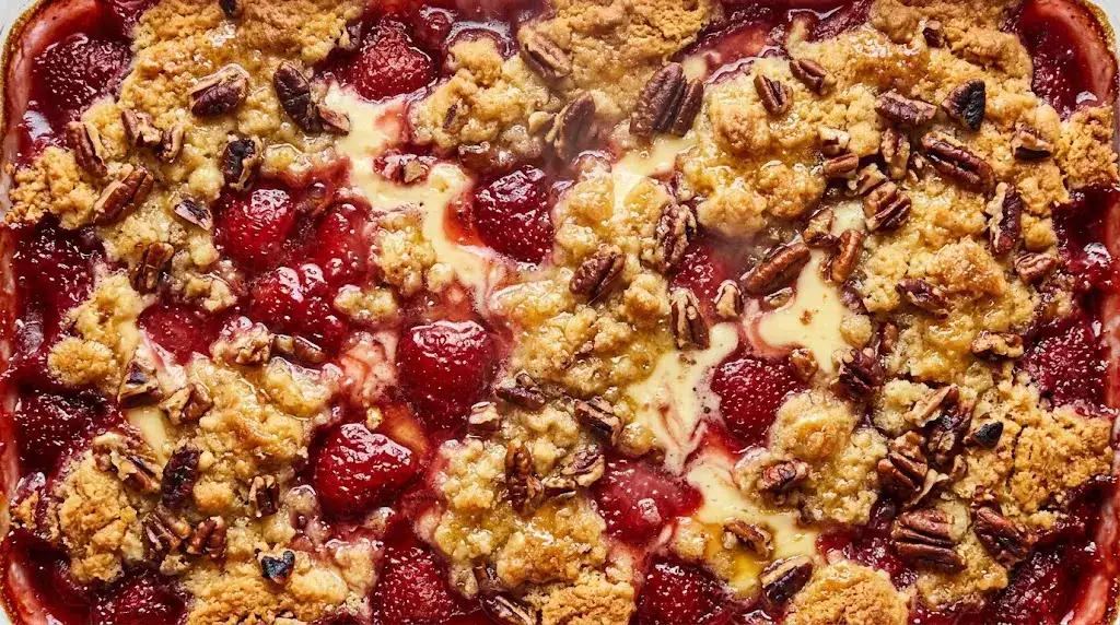 Strawberry Cheesecake Dump Cake with Creamy Layers Overhead close-up of strawberry cheesecake dump cake with strawberries and creamy topping